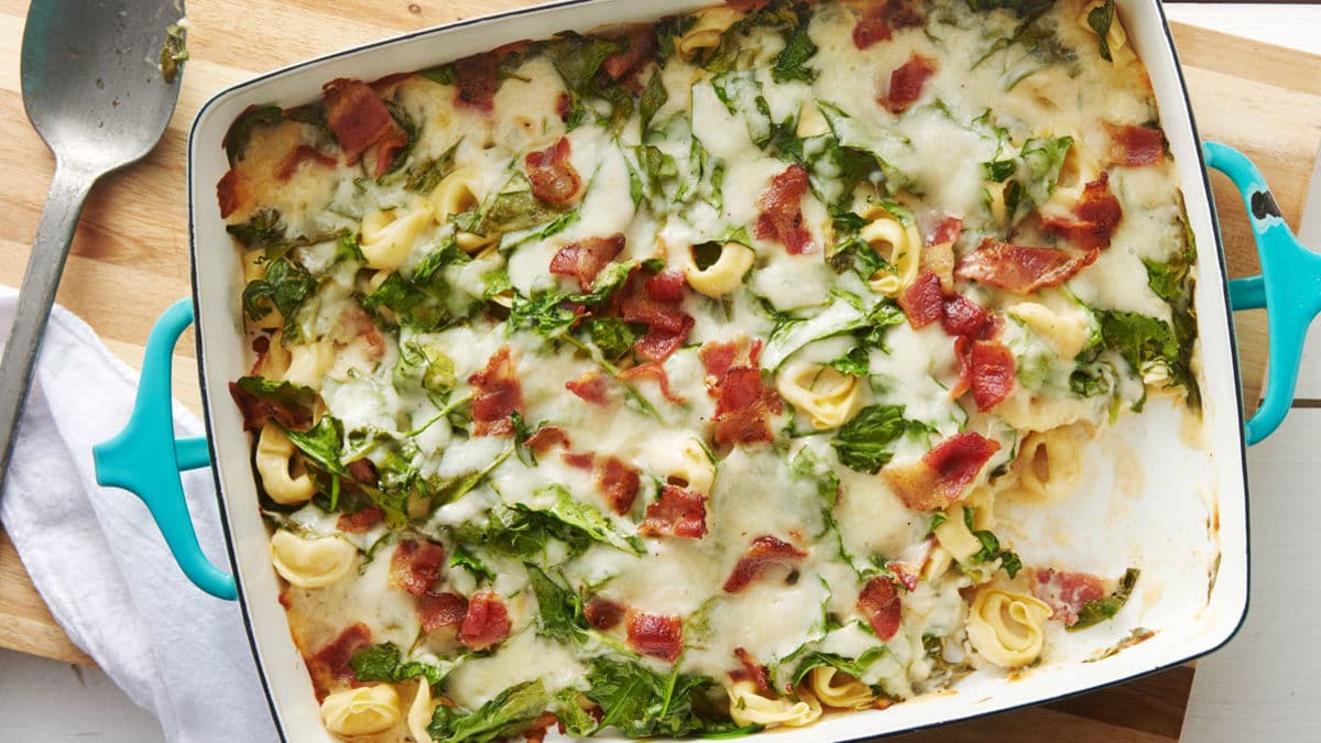 Cheesy Bacon and Spinach Tortellini Casserole